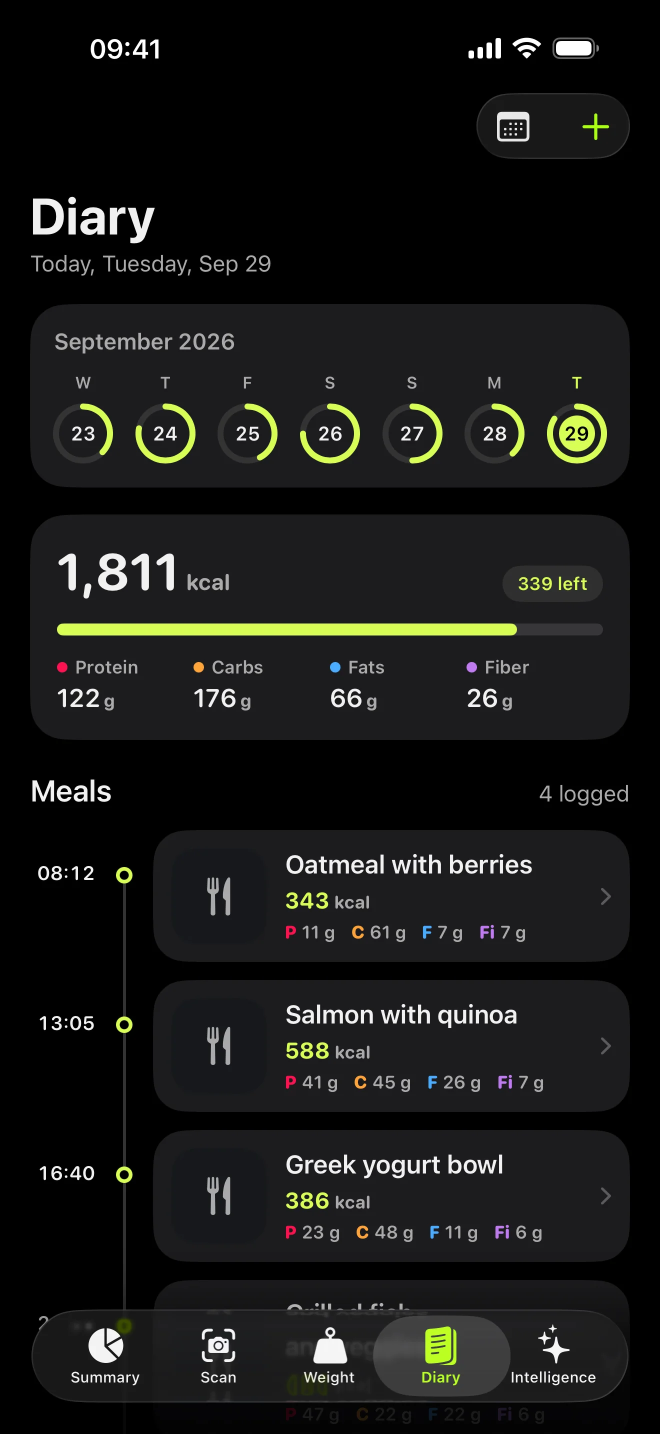 Diary screen