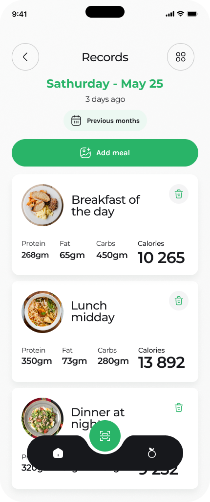 Instacalorie meal history with photos, macros, and calories per meal