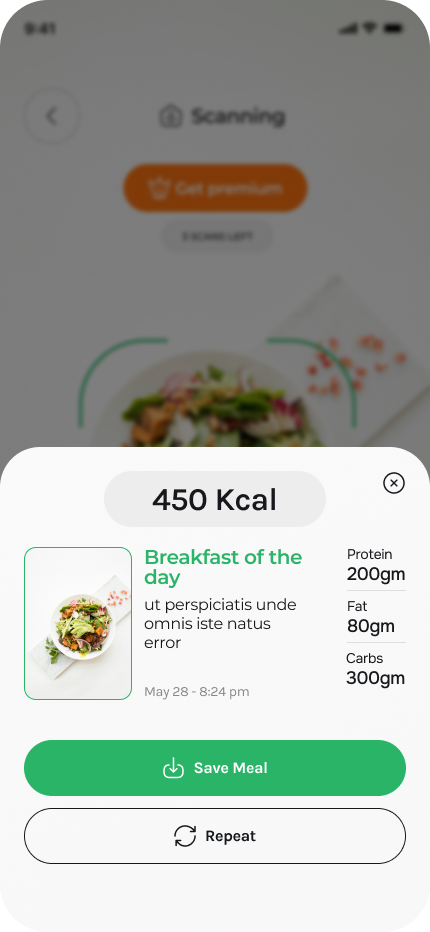 Instacalorie scan result showing 450 calories with protein, fat, and carbs