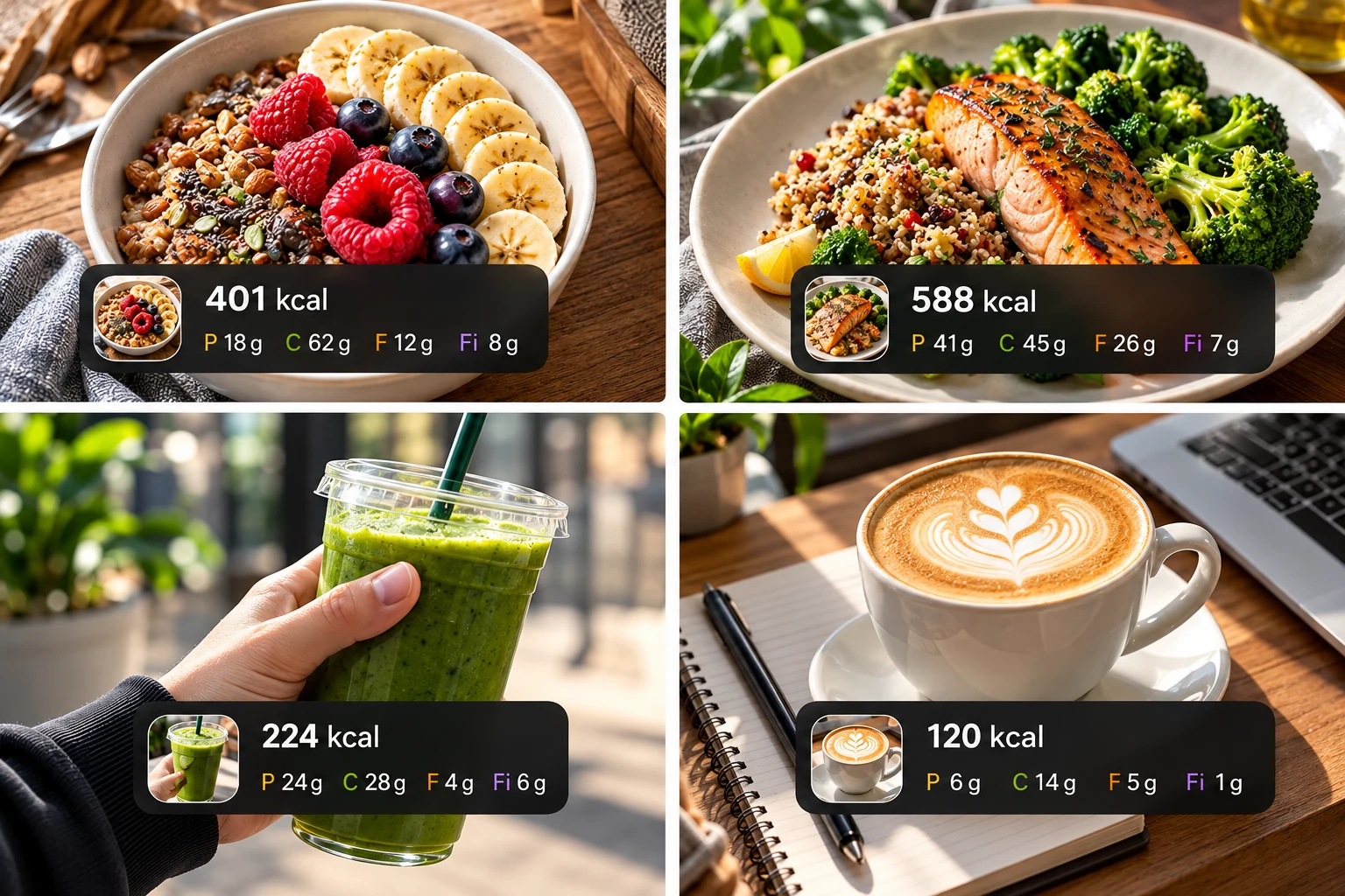 Four meals with their calories and macros: a fruit bowl, salmon with quinoa, a green smoothie and a coffee